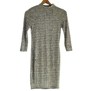 Dice Bodycon Dress 3/4 Sleeve Ribbed Olive Green Stretchy Size Small NEW